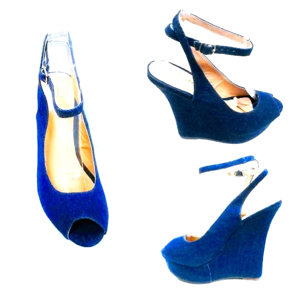 NEW! CUTE! Blue Denim Wedge Heels! - Picture 2 of 7